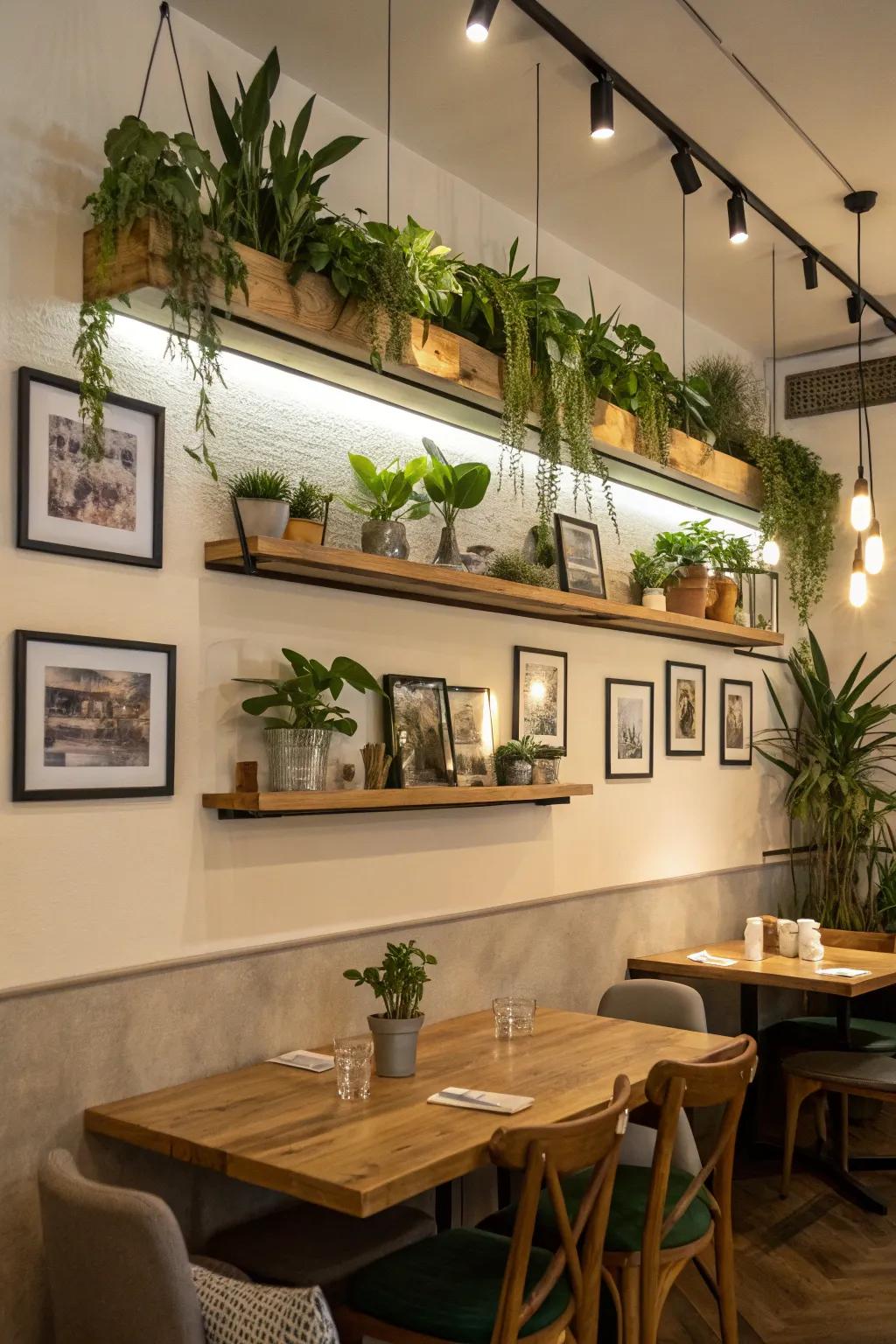 Dining area with floating shelves.