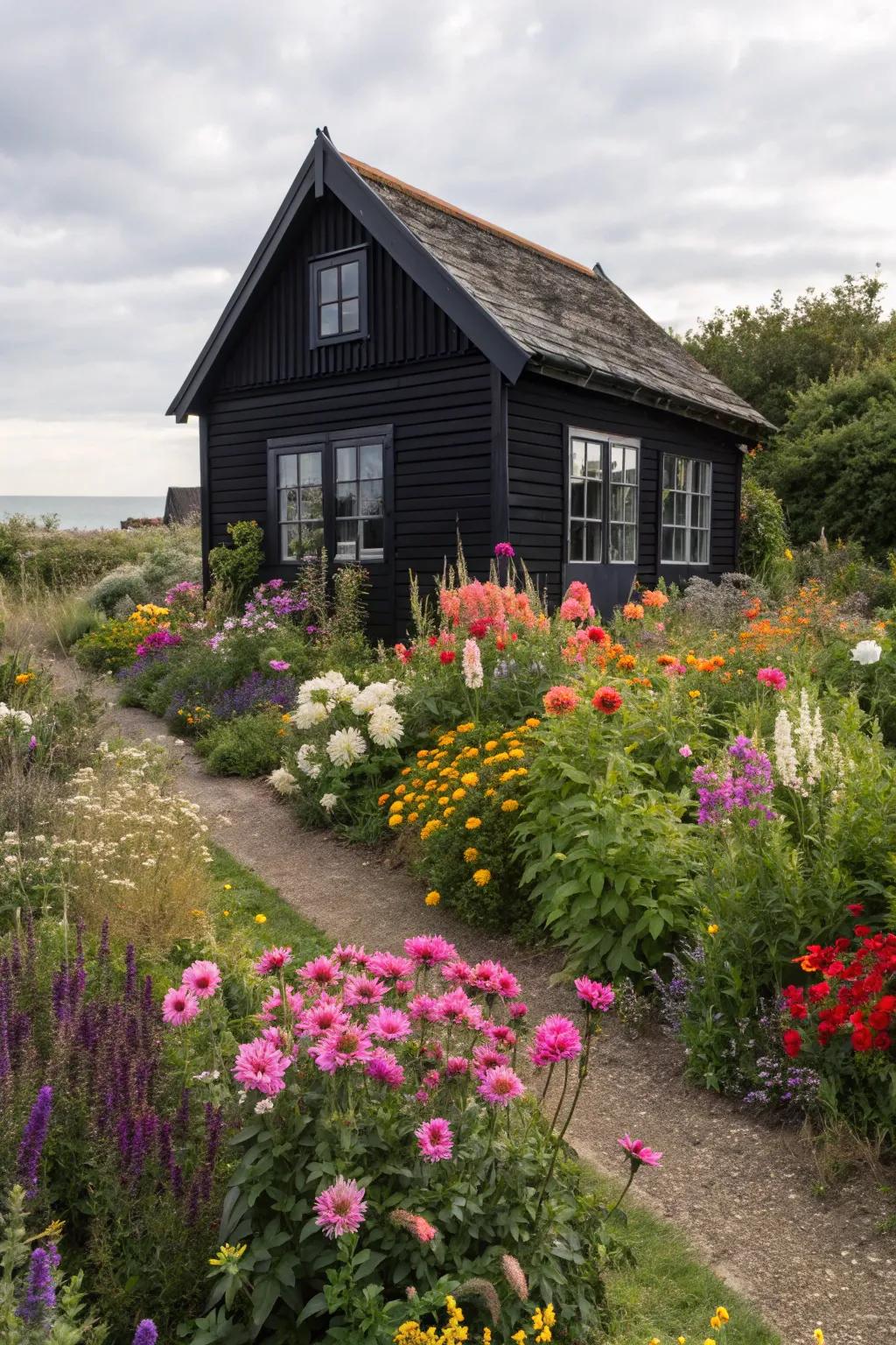 A dramatic black summer house, creating a striking contrast in the garden.