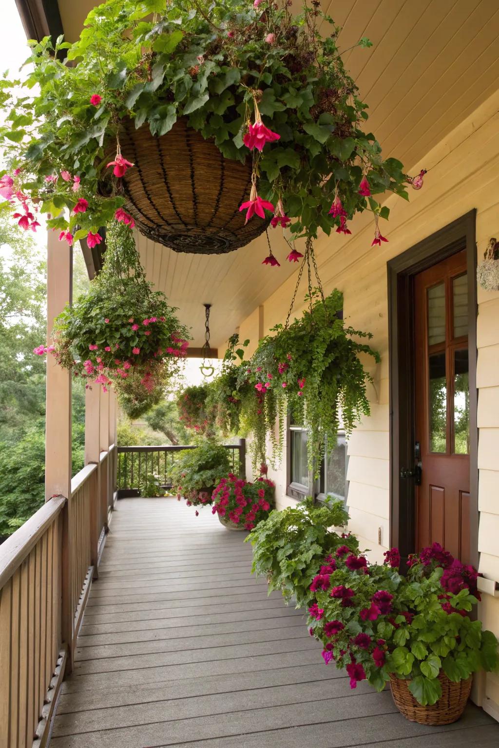 Hanging baskets with ivy and fuchsias