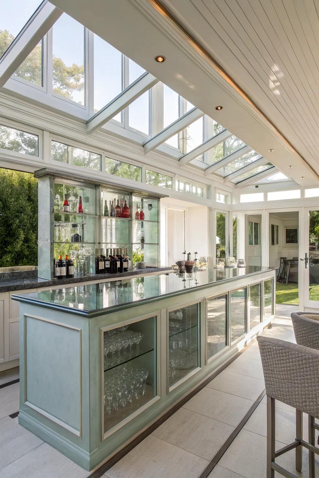 Reflective surfaces amplify light and add sophistication to your sunroom bar.