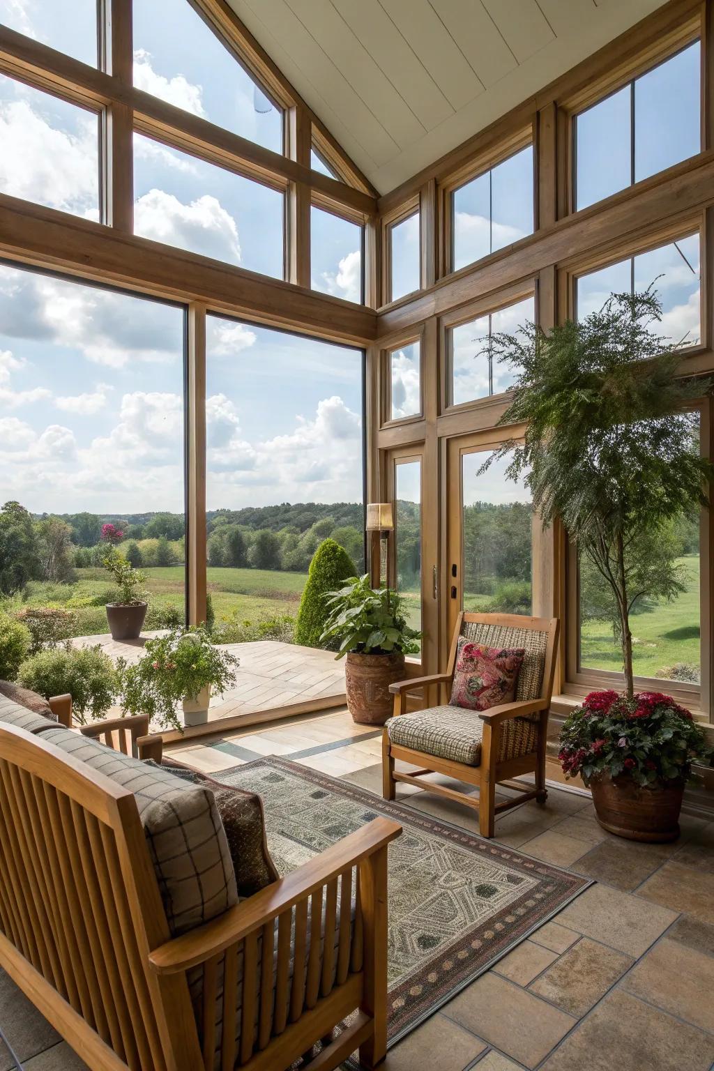 Picture windows frame the outdoors like a living artwork.