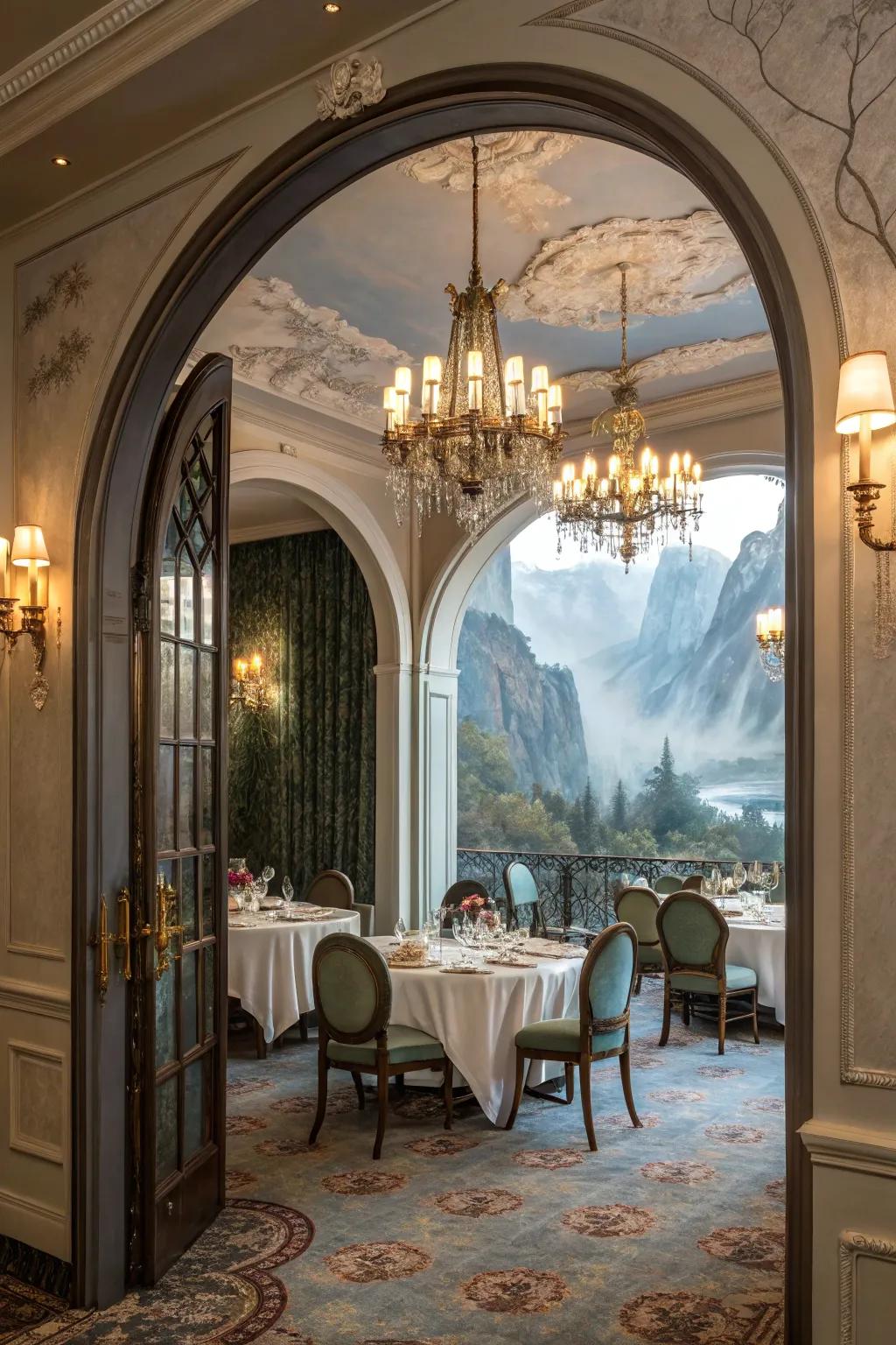 A dining room with arched doorways to surreal spaces.