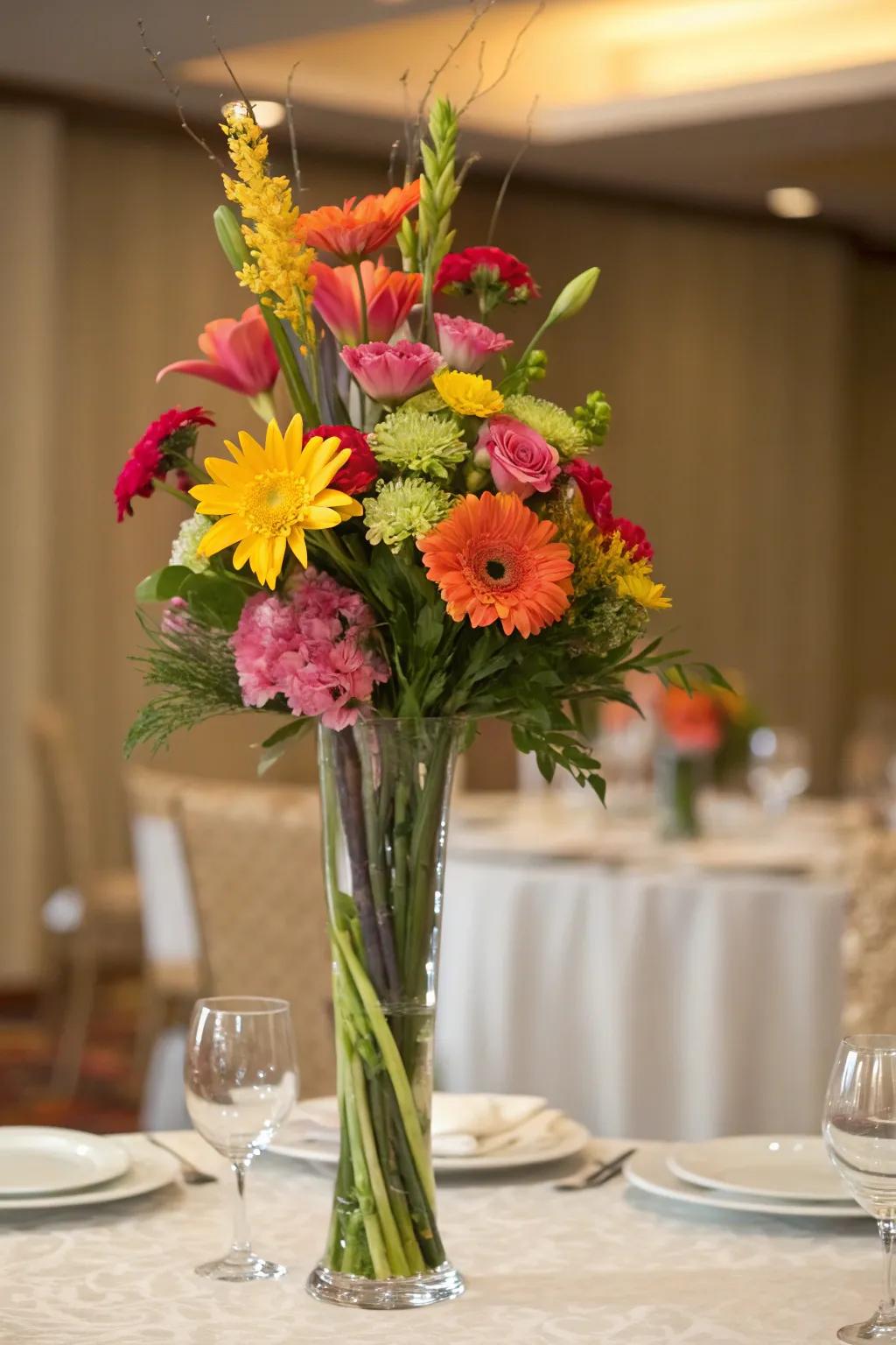 An eye-catching tall arrangement with long-stemmed lilies and delphiniums.