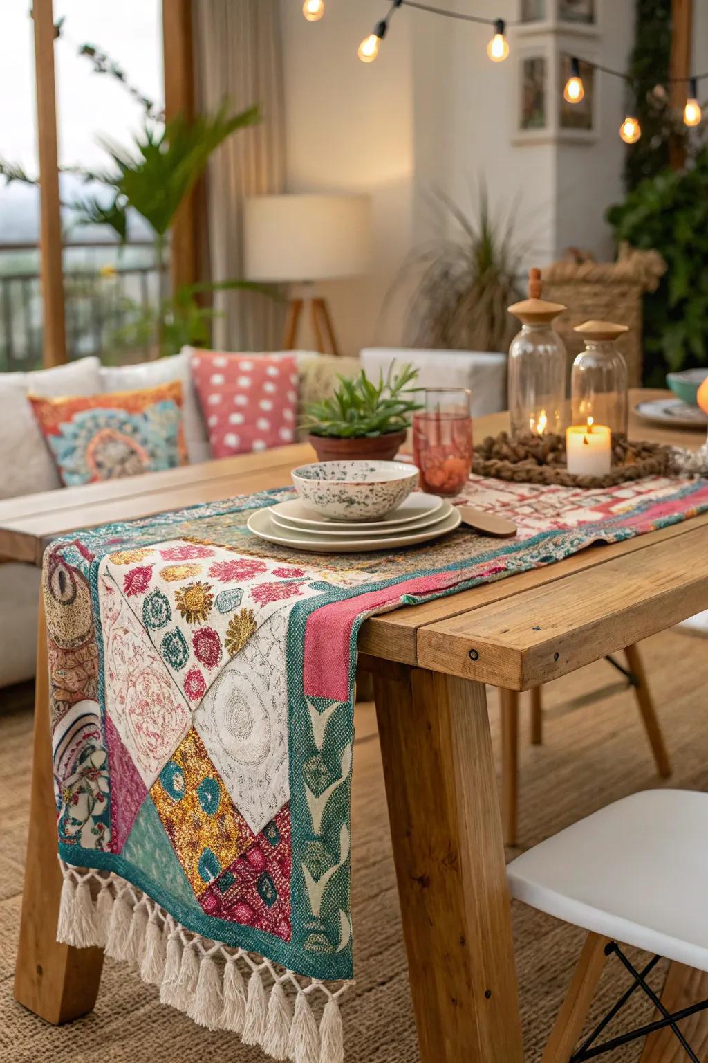 Bohemian table runner for a unique and personalized dining experience.