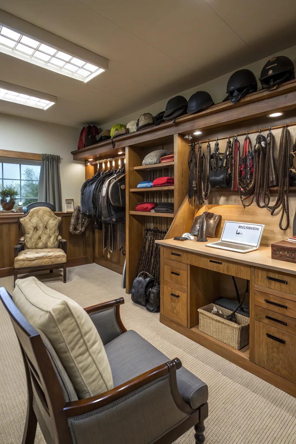 A comfortable workspace in a tack room for maintenance and repairs.