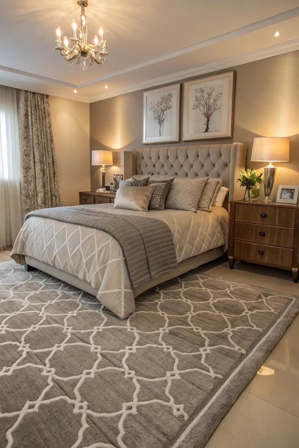 A taupe and grey rug anchoring the bedroom.