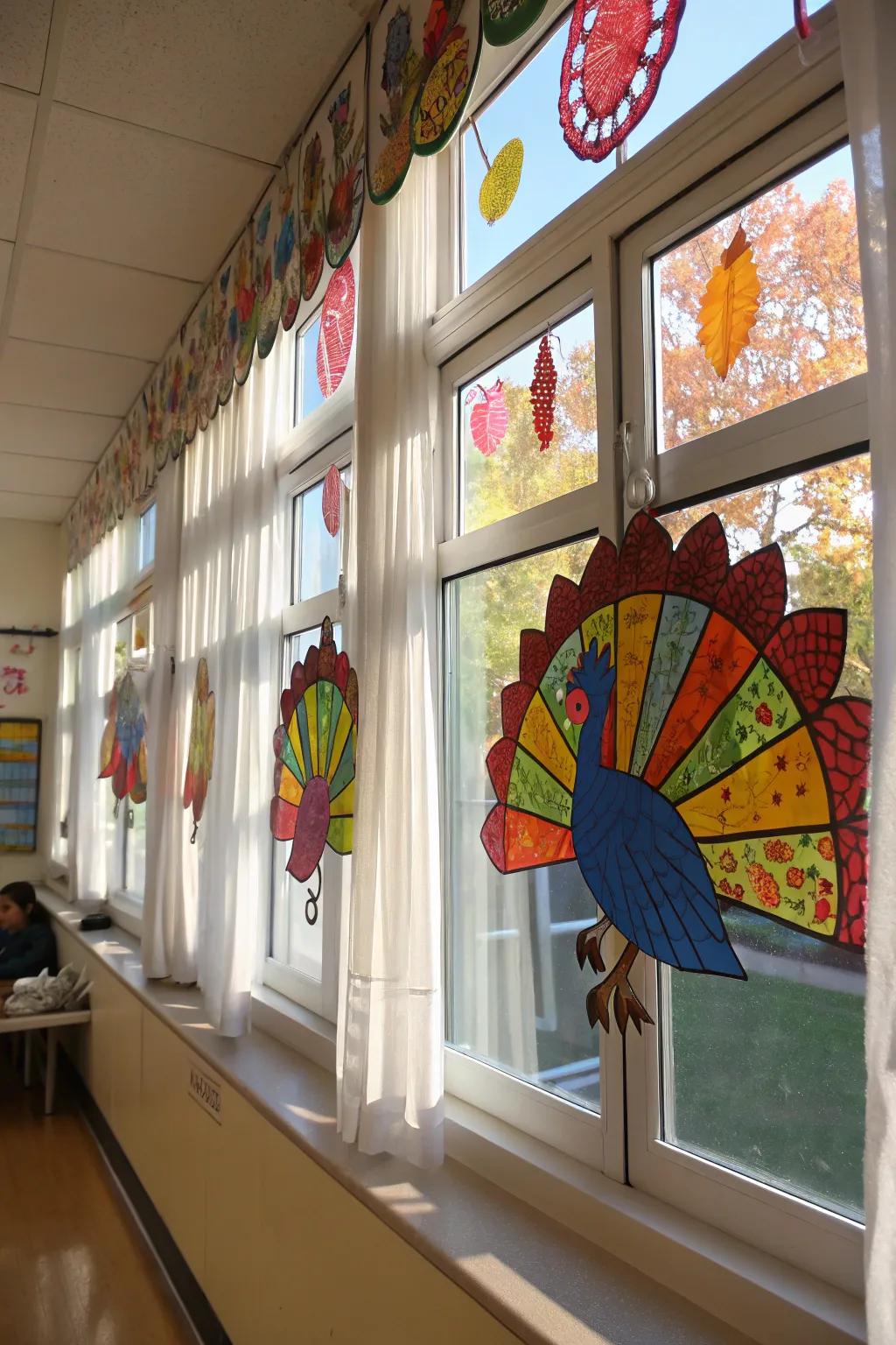 Turkey sun-catchers add a whimsical touch to classroom windows.