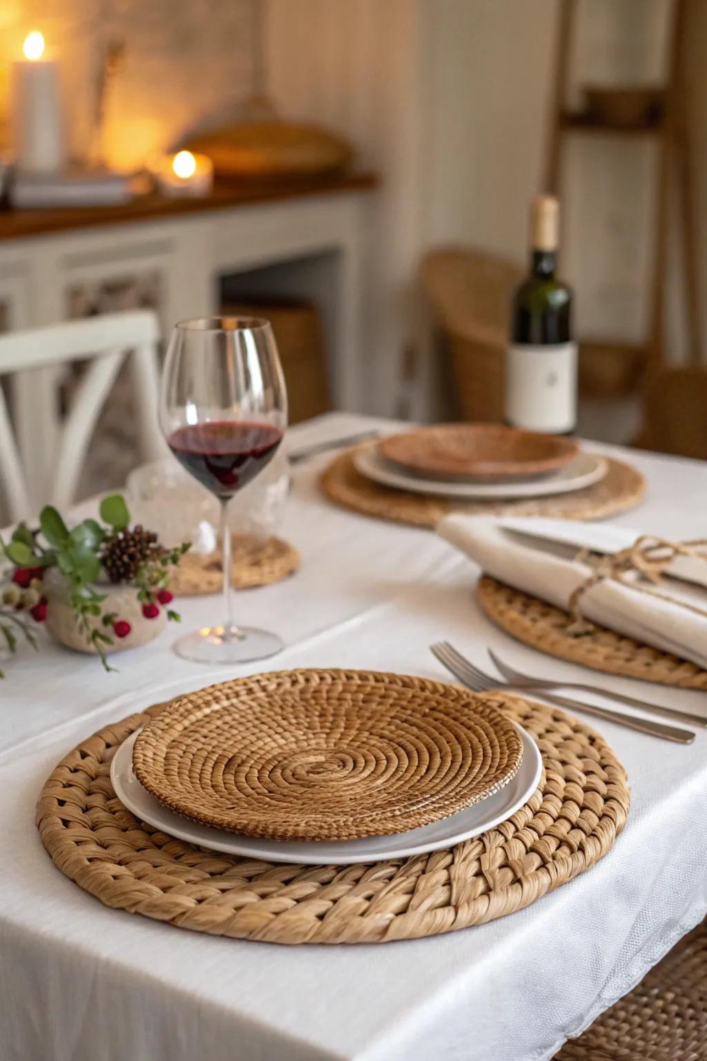 Textured chargers bring depth and sophistication to your table setting.