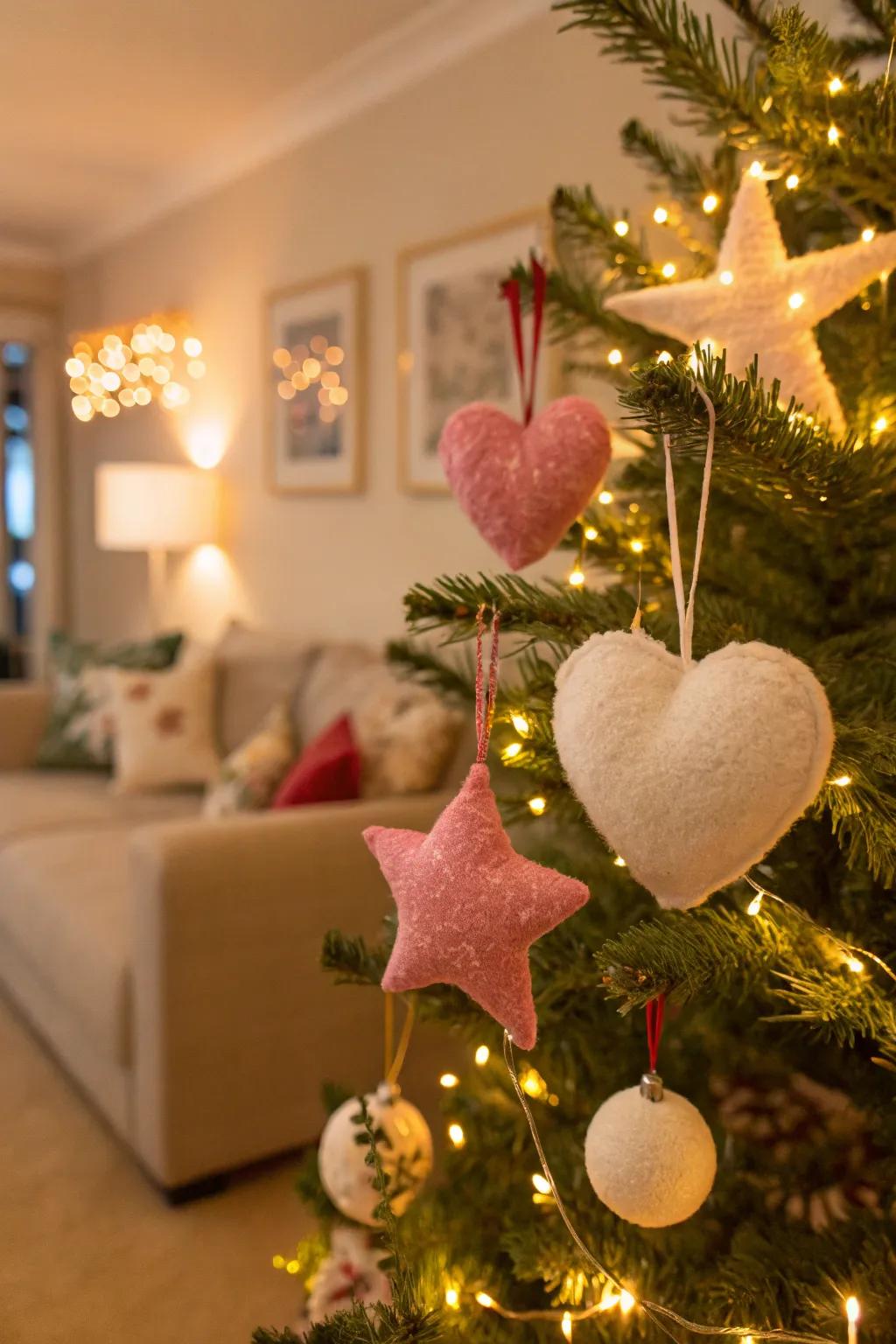 Plush ornaments add a soft touch to the tree.