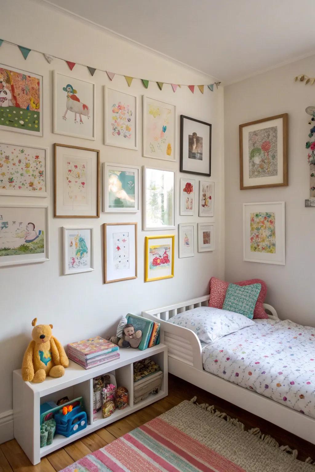 A personalized art gallery showcases your toddler's creativity and adds a personal touch.