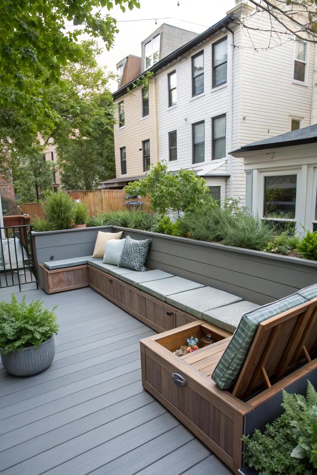 Combine seating with storage to maximize deck space efficiently.