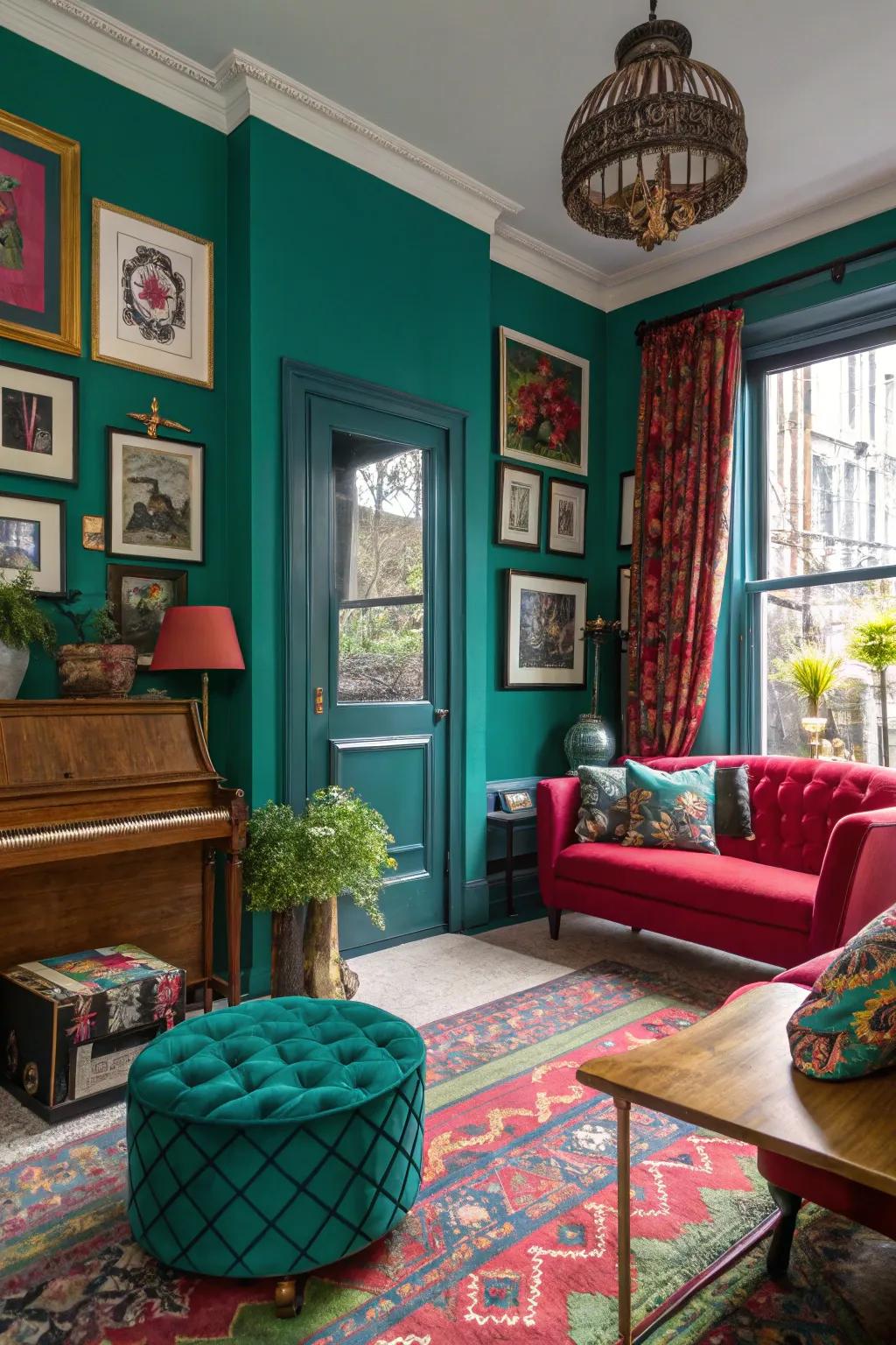 A townhouse interior with vibrant jewel tones for a lively atmosphere.