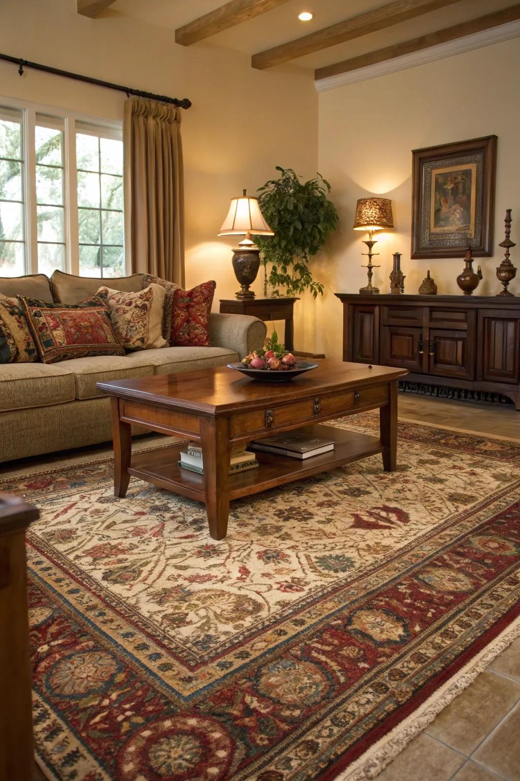 A statement rug anchors this traditional living room beautifully.