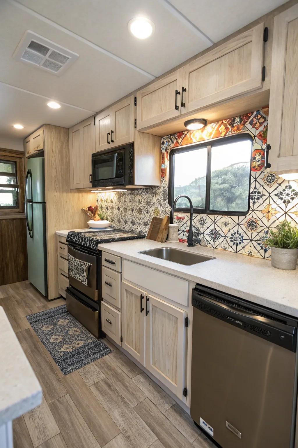 A decorative backsplash adds character and depth.