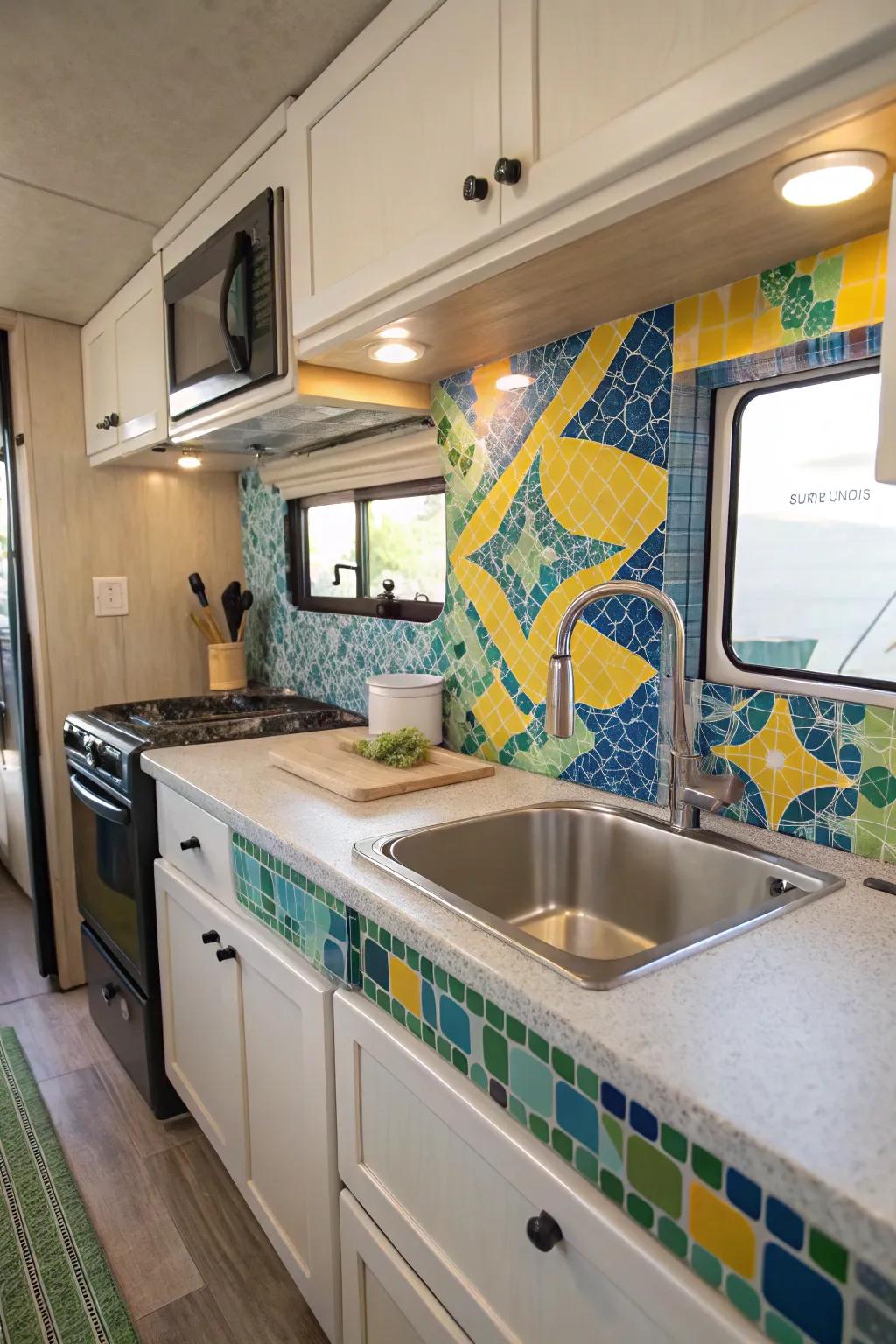 Mosaic tiles bring color and vibrancy to your RV kitchen.