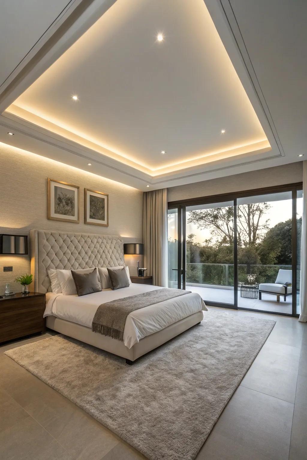 A modern bedroom with smart lighting integrated into the tray ceiling.