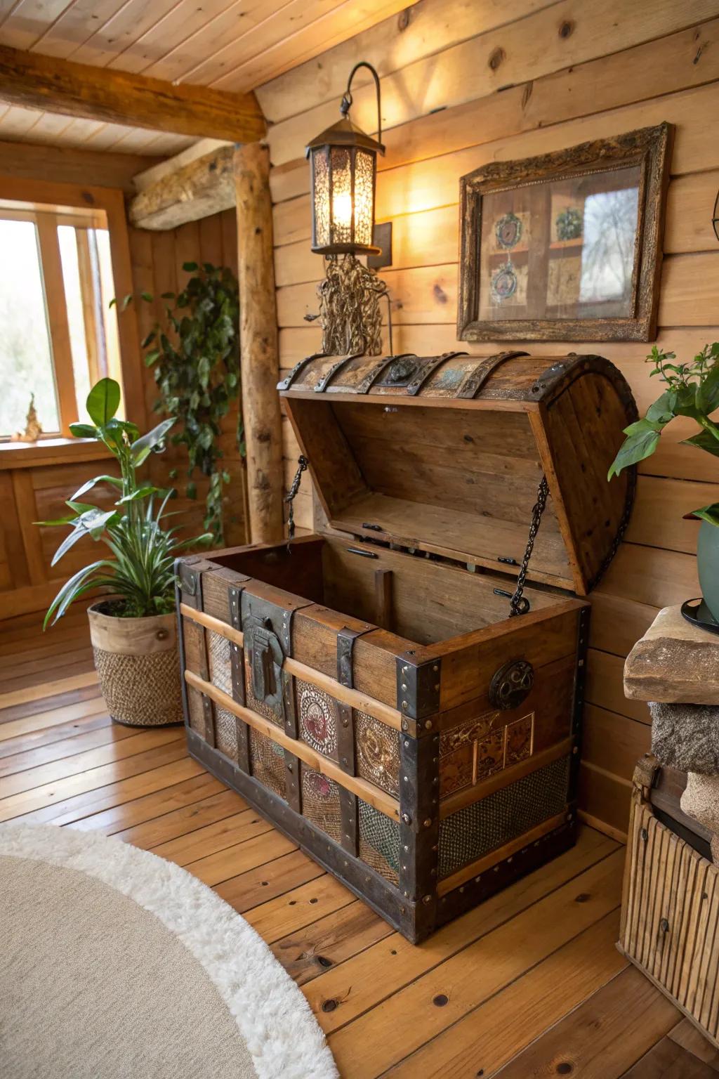 Upcycled materials create a sustainable treasure chest.