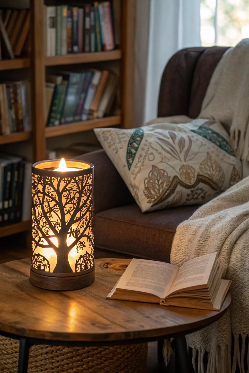 Tree of Life candle holder casts a warm glow in a reading nook.