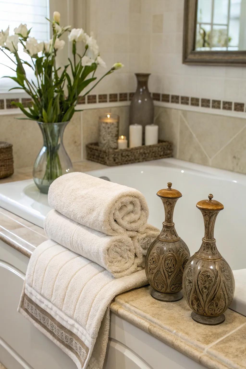 A cozy tub deck with soft towels and elegant decorative vases.