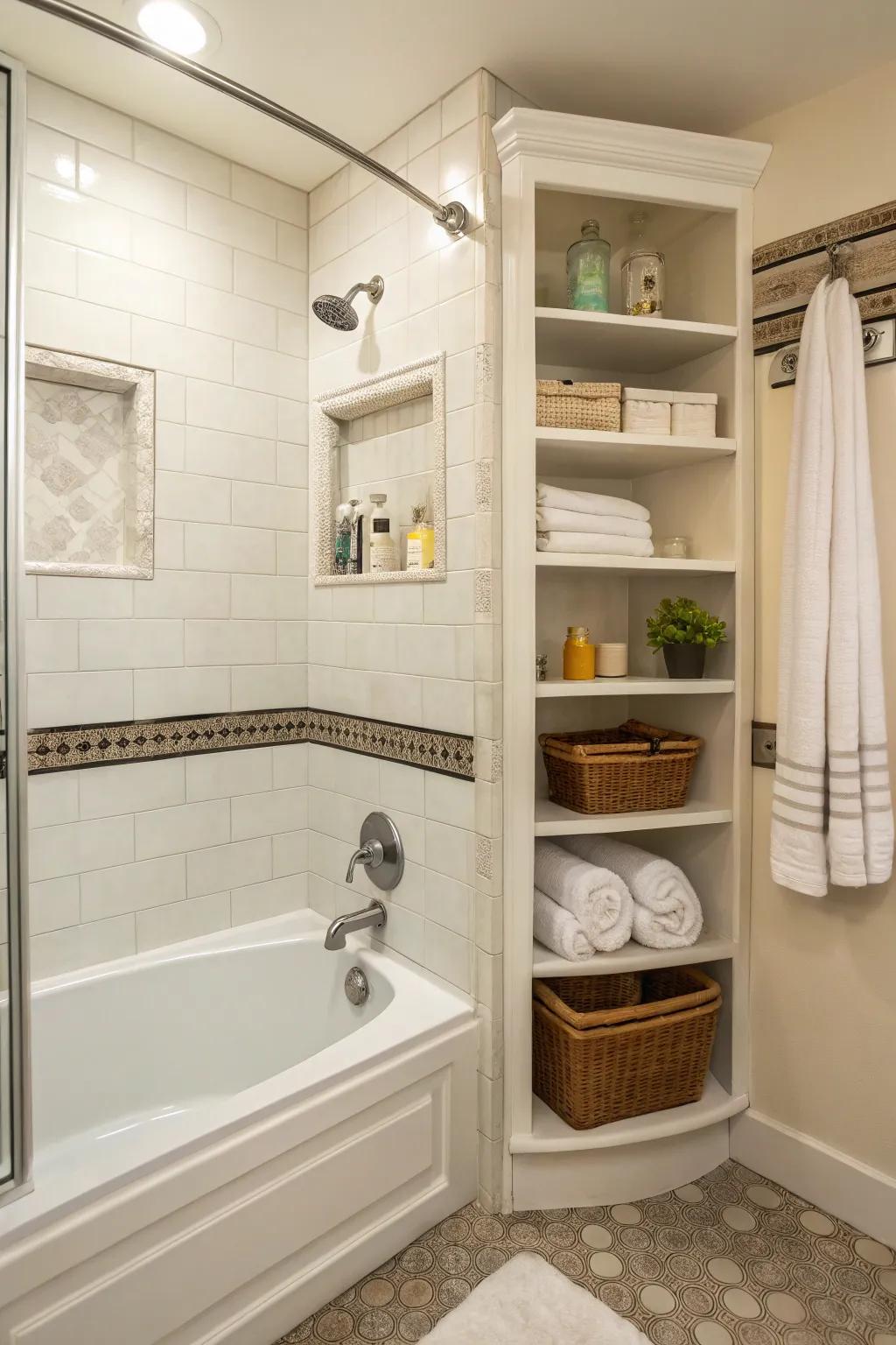 Smart space utilization in a compact bathroom with a corner combo.