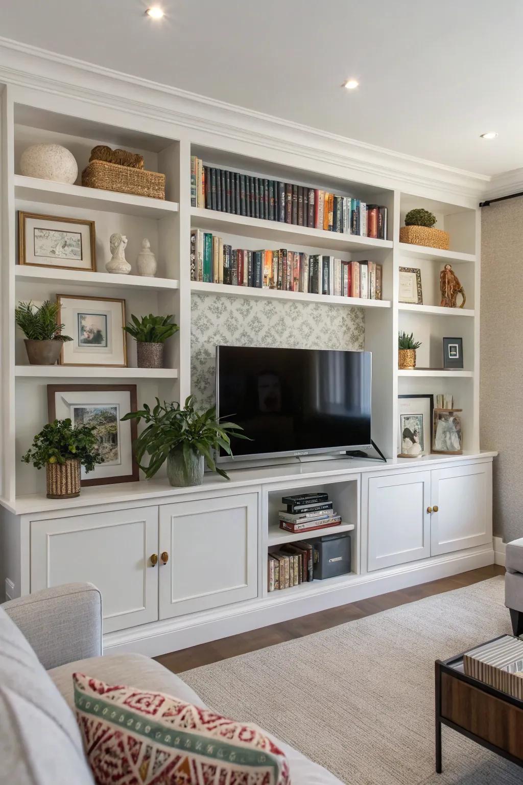 Shelves add functionality to this TV gallery wall.