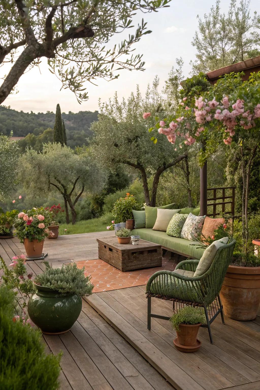 Rustic olive and terracotta for a deck that embraces natural beauty.