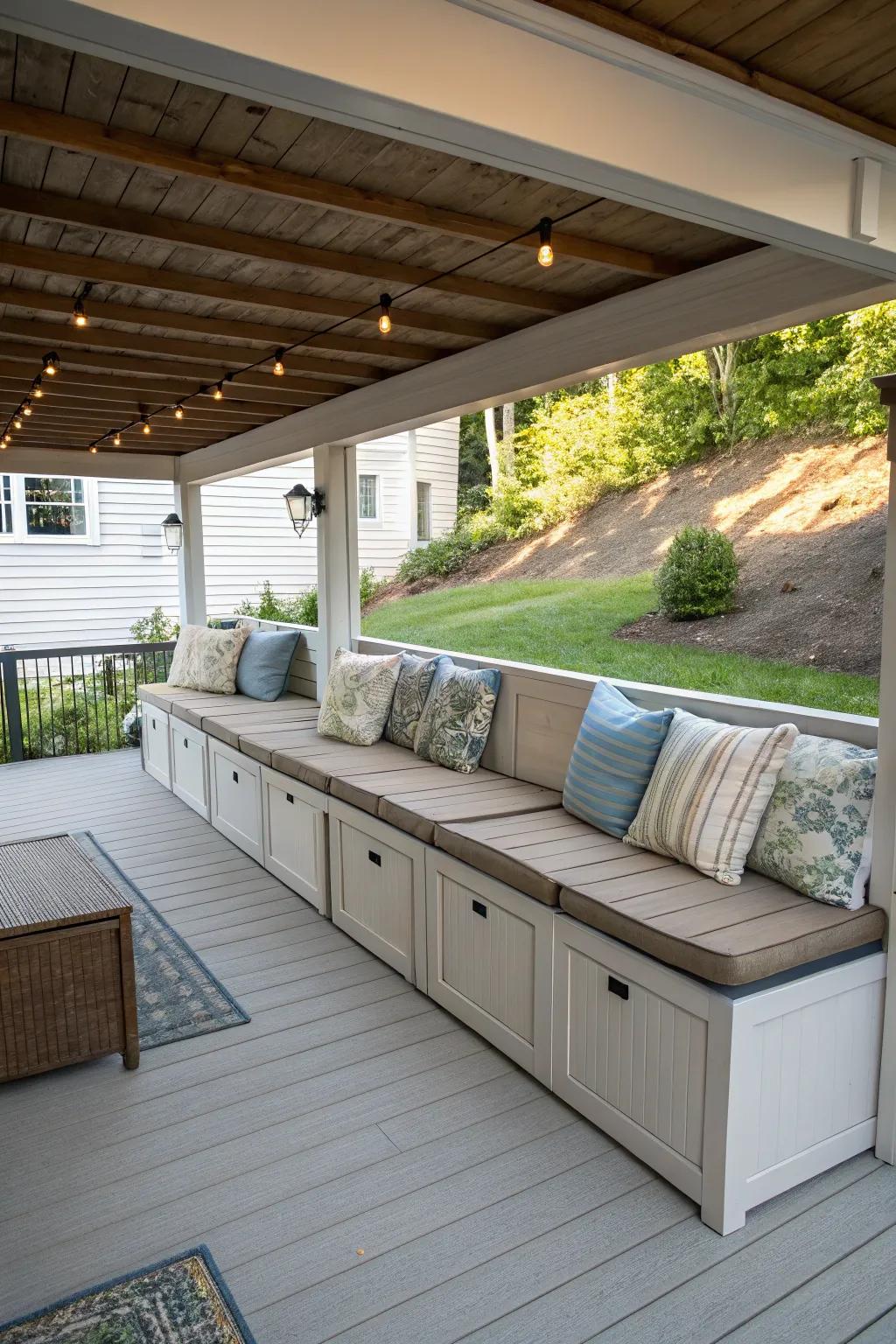 Weatherproof benches serve as both seating and storage for a practical outdoor solution.