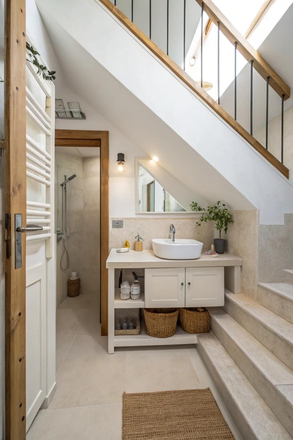 A minimalist under-stair bathroom with clean lines and an uncluttered look.