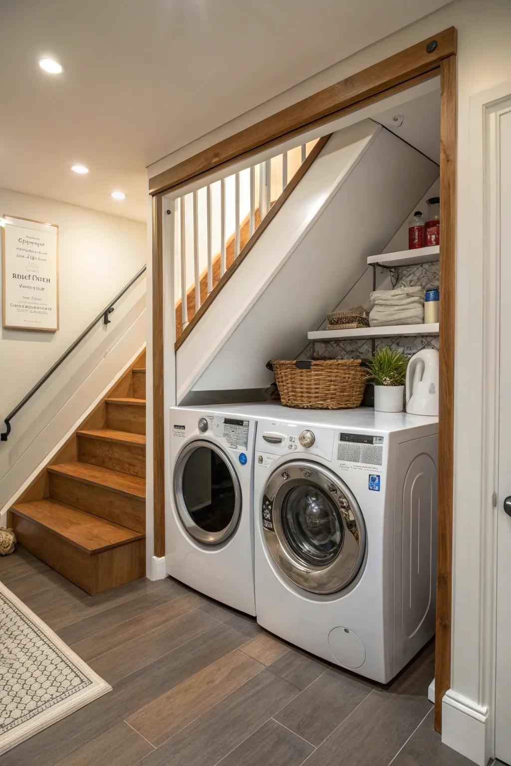 A compact laundry station utilizes the under stairs area efficiently.