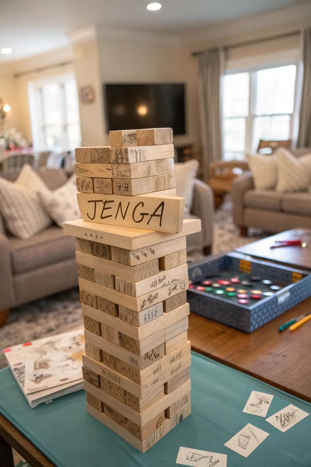 Guests sign Jenga blocks, making game night extra special.