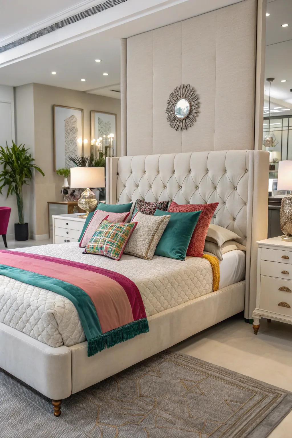 Accent pillows add color and character to this upholstered bed.