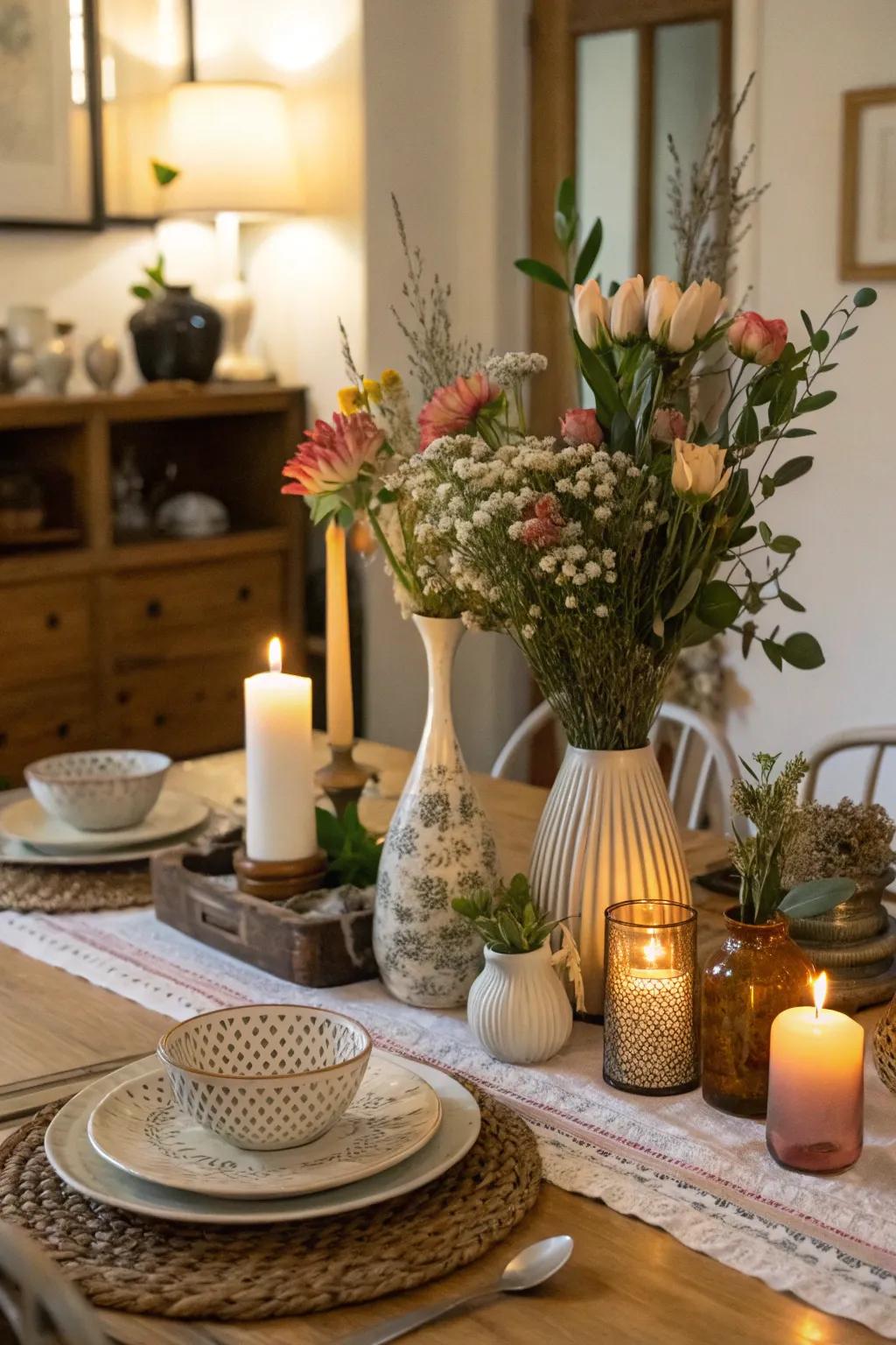 Vintage vases create an eclectic centerpiece charm.