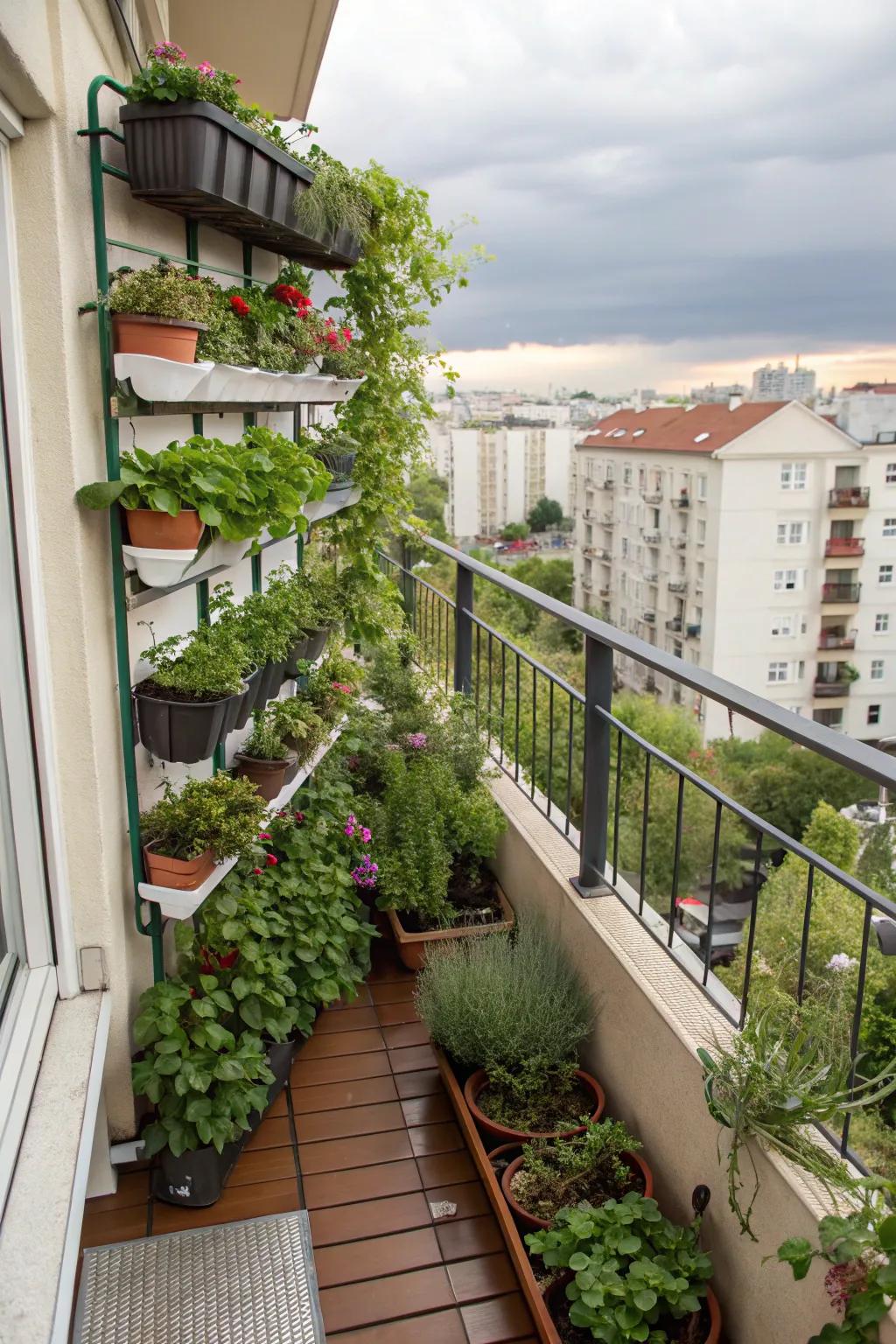 An urban balcony transformed into a lush retreat with vertical gardening.