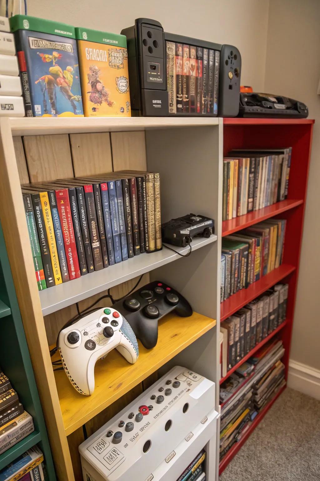 A repurposed bookshelf housing a complete video game collection.