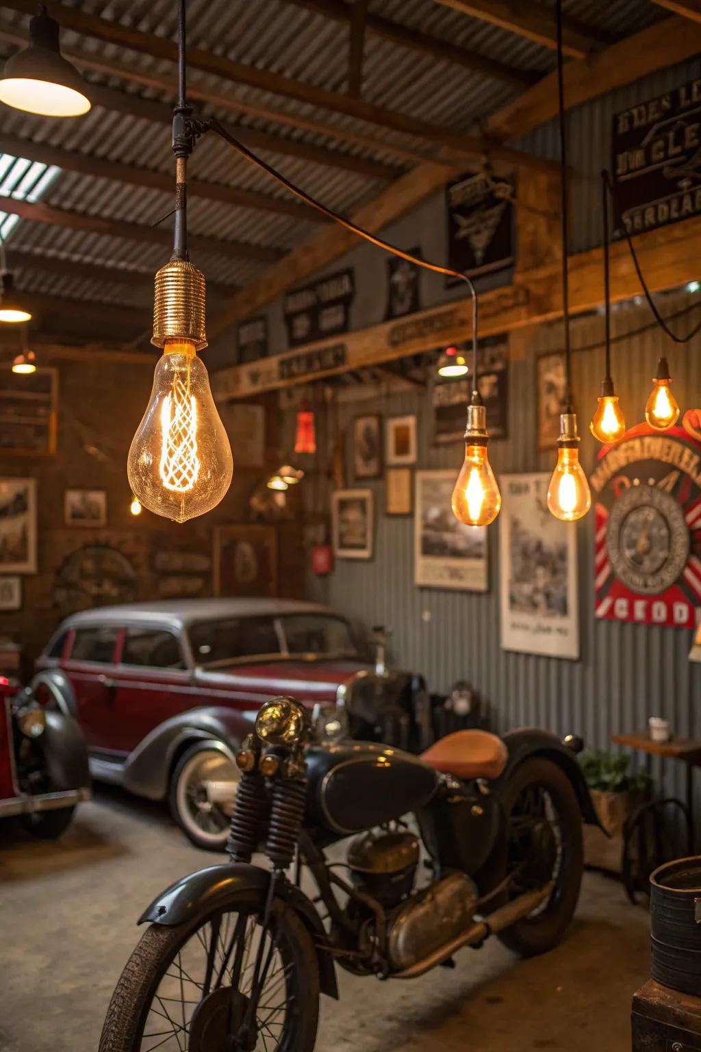 Ambient lighting sets the mood in a vintage garage.