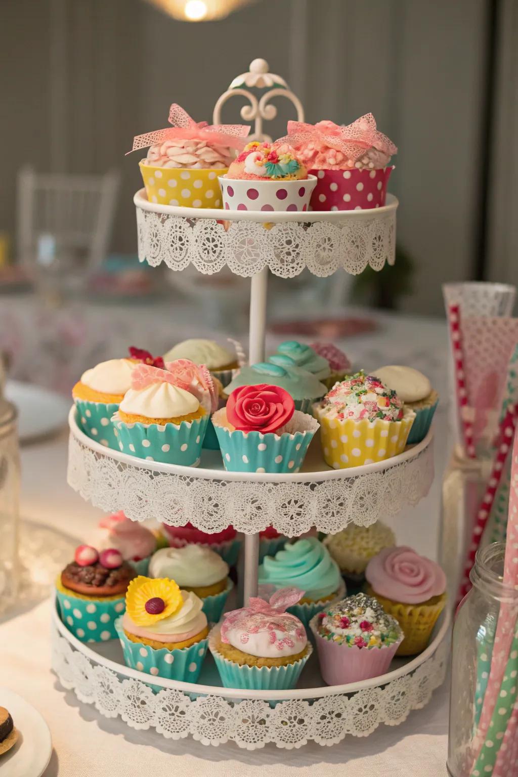 An elegant tiered dessert stand showcasing delightful treats.