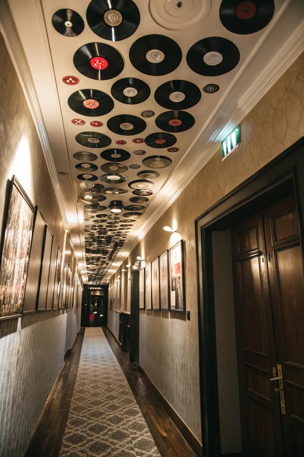 Add an unexpected touch by decorating your ceiling with vinyl records.