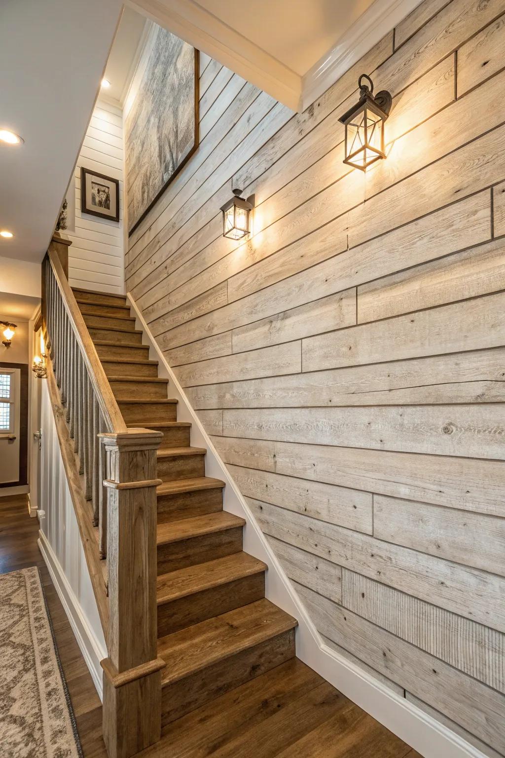 Textured panels add depth and character to your staircase wall.