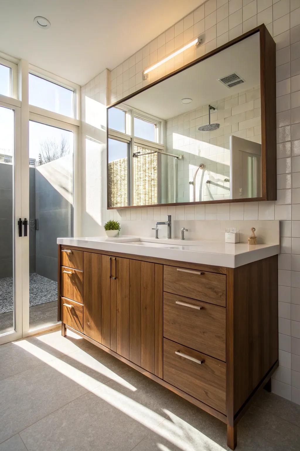 Illuminate your bathroom with natural light to showcase your walnut vanity.