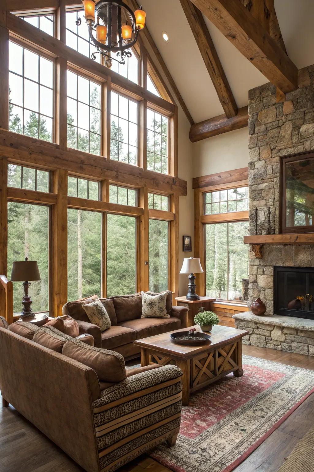 Large windows bring the outdoors in, filling the room with light.