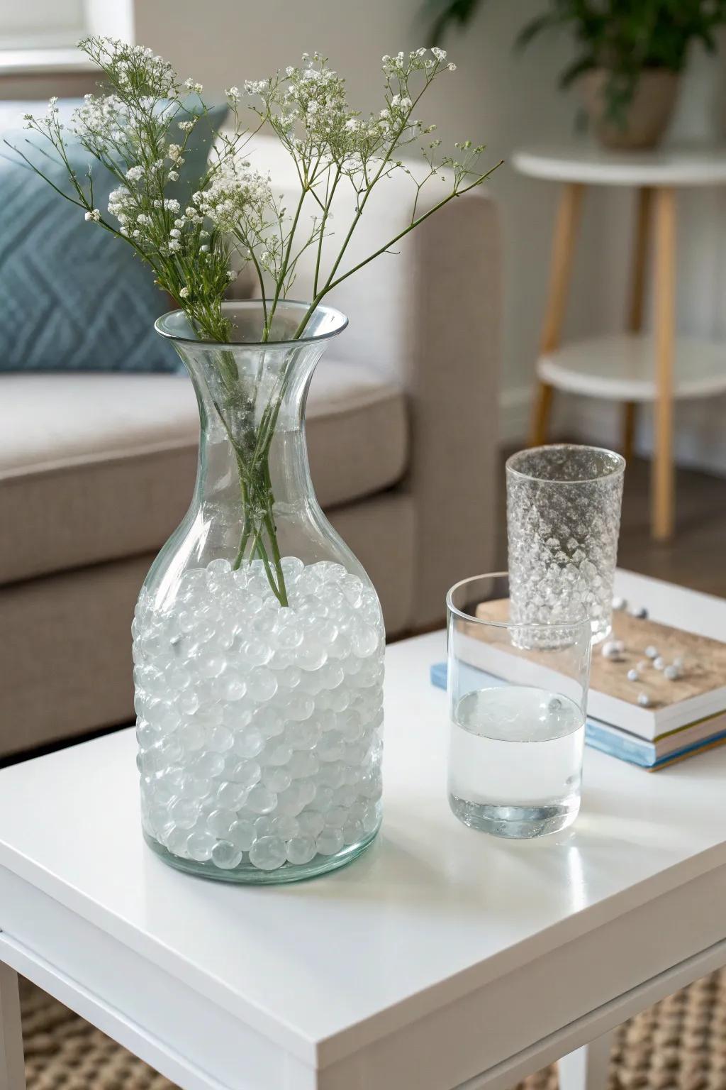 Clear water beads offer a sleek and modern touch.