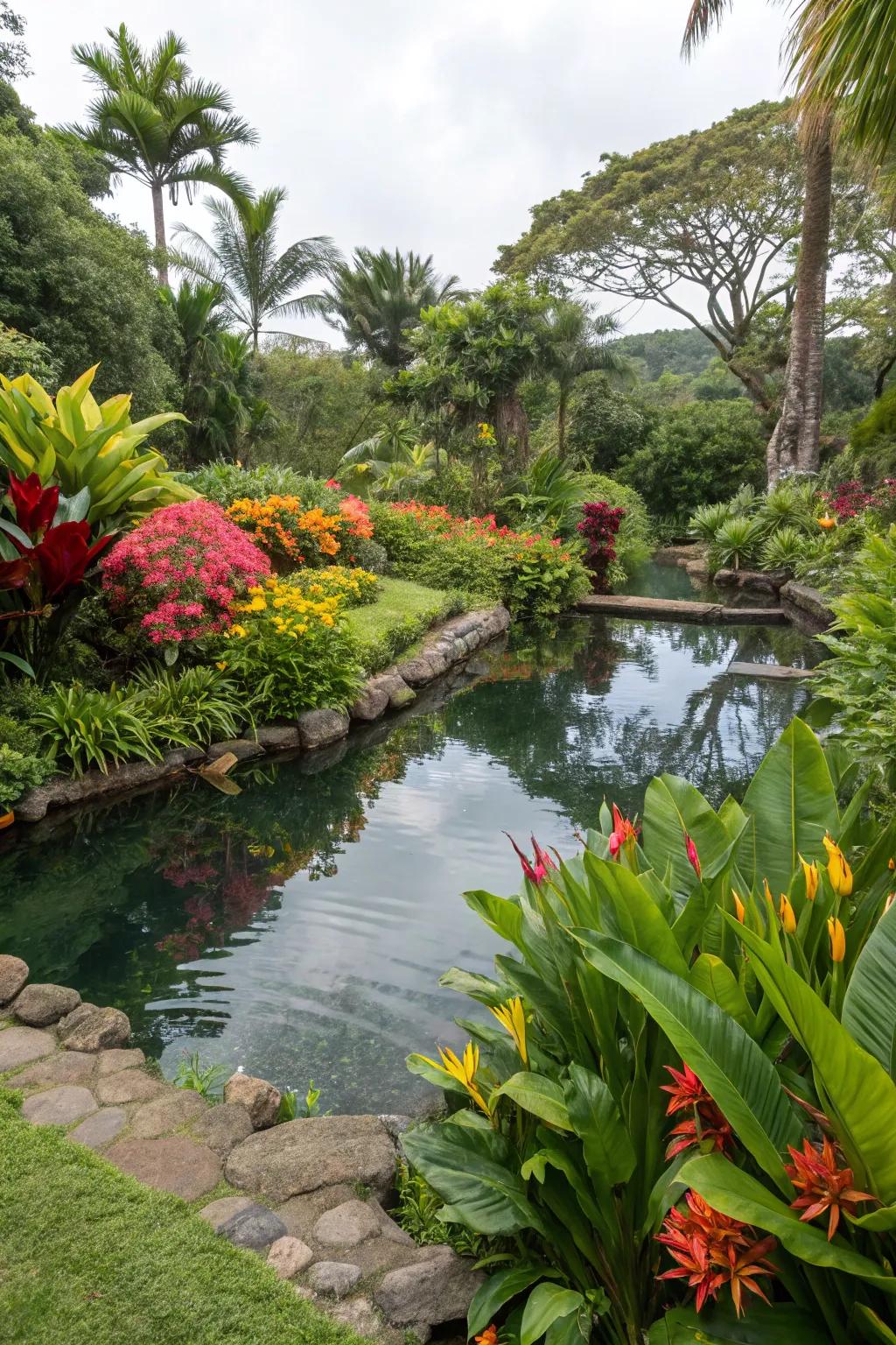 Tropical plants surrounding water features create a vibrant and lush look.