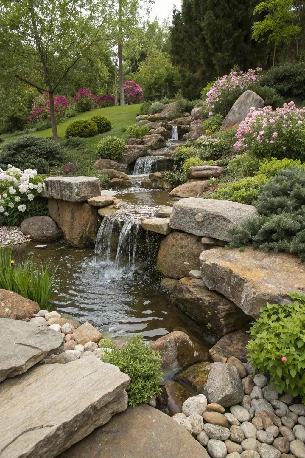 An artistic garden waterfall with stones creatively arranged in a spiral pattern.