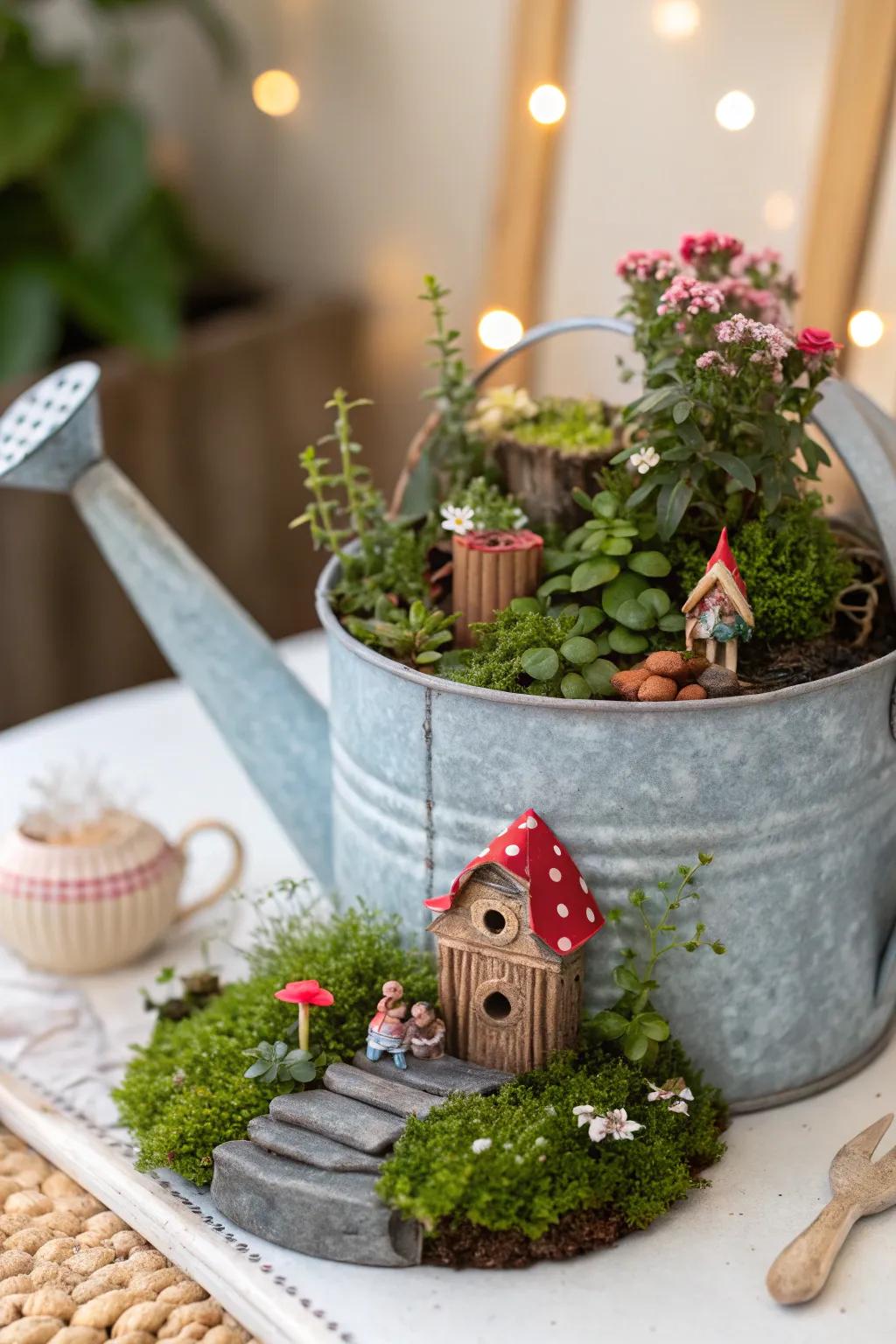 A whimsical fairy garden nestled inside a watering can.