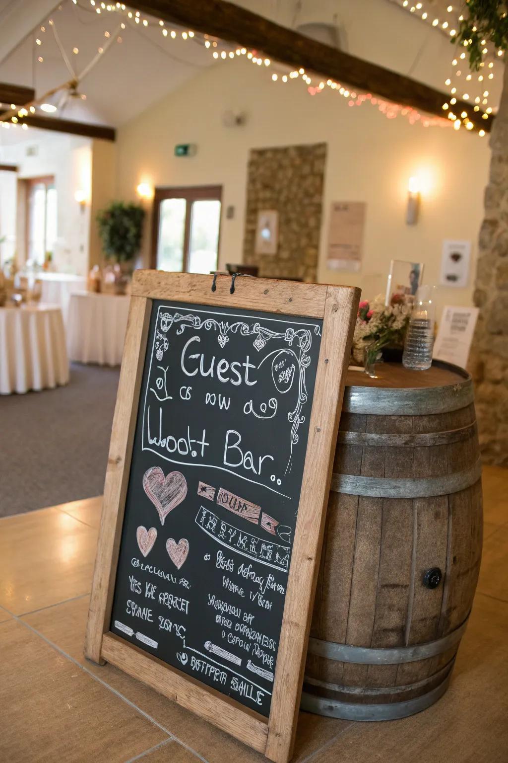 An interactive chalkboard sign with guest messages.