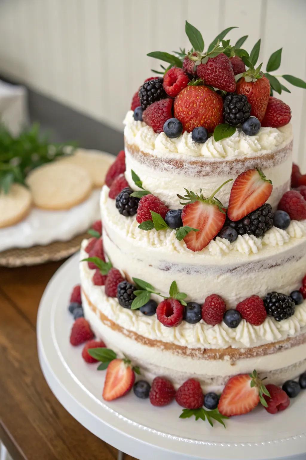 A wedding cake adorned with fresh berries for a burst of color.