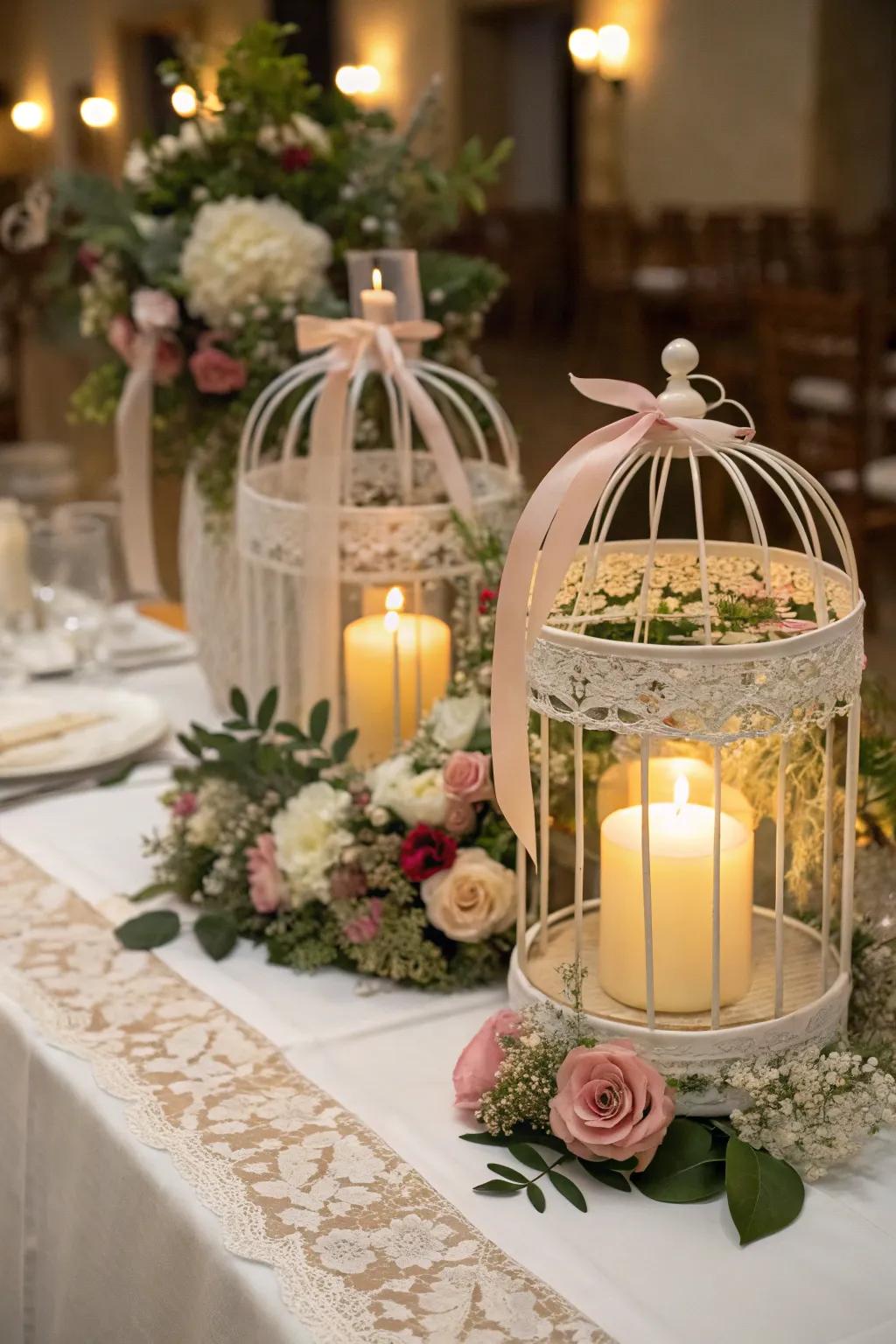 Whimsical birdcage candle holders creating a unique centerpiece.