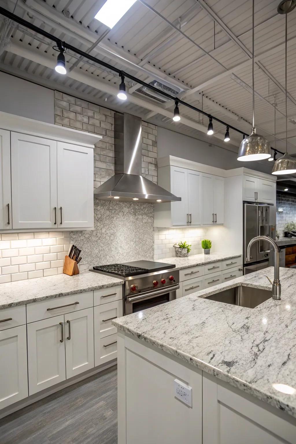 Metallic touches add an industrial edge to the elegance of white ice granite.