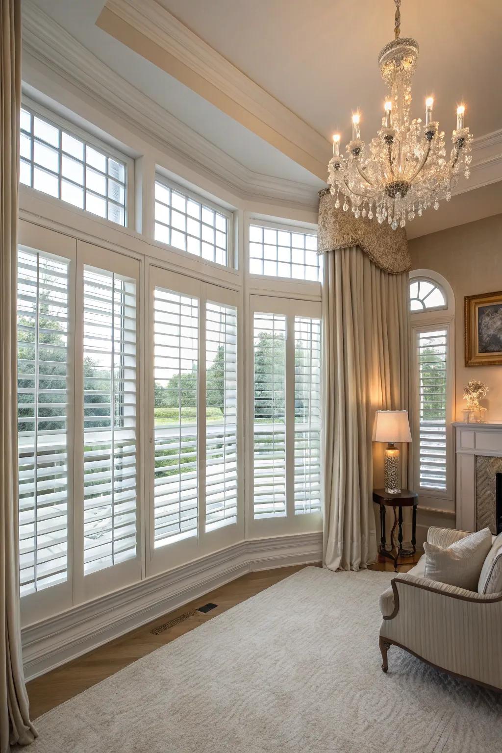 Plantation shutters add classic elegance to large windows.