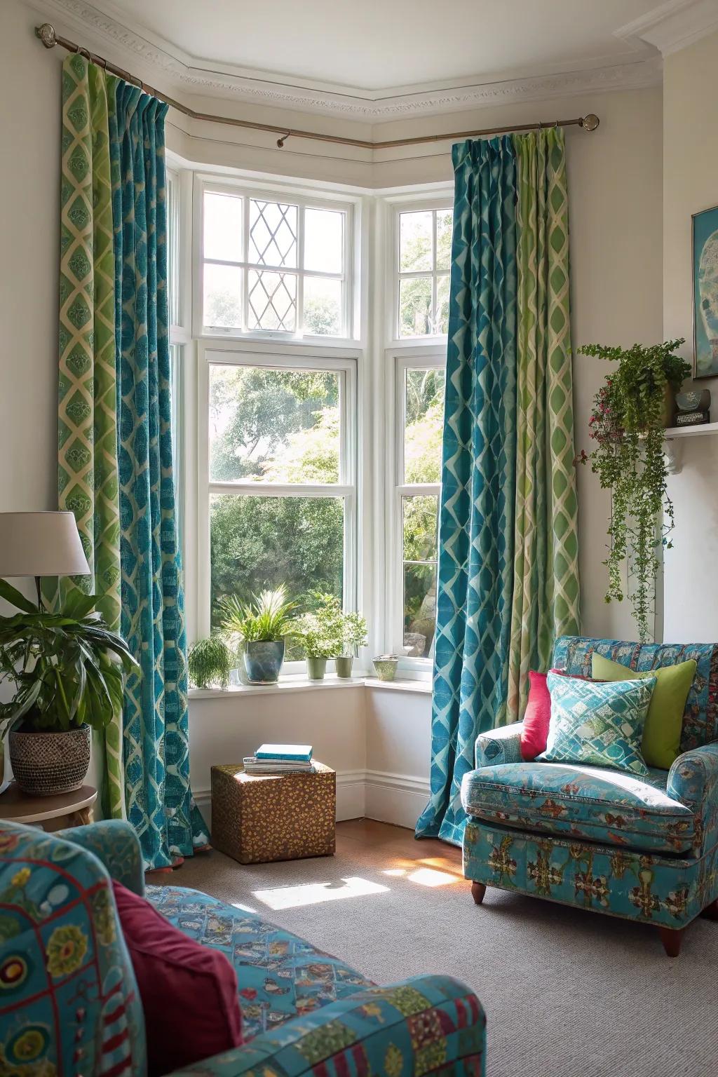 Patterned curtains add a splash of personality to bay windows.